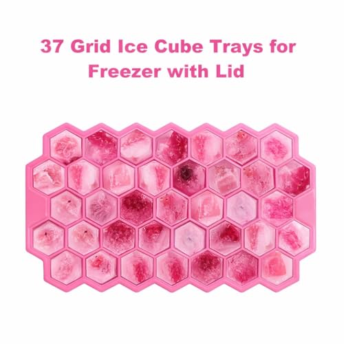 Image of BIDFUL [4 Pack] Silicone Ice Cube Trays for Freezer with Lid - 37 Grid Pink Ice Cube Mold, Easy-Release Flexible Ice Trays, Reusable Stackable Ice Tray for Iced Coffee, Juice & Drinks