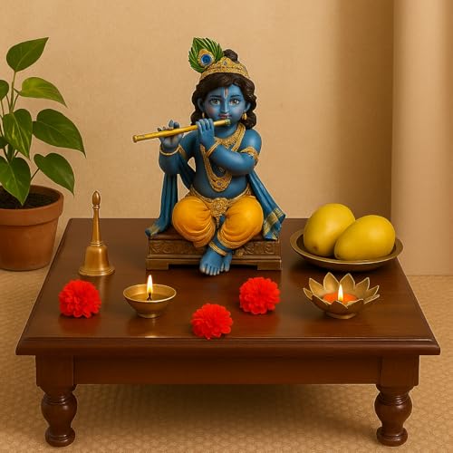 Image of Sheesham Wood Pooja Chowki for Home Temple Wooden Bajot Chowki for Sitting