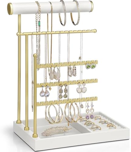 Vlando Jewelry Stand Organizer with Ring Holder, Jewelry Holder Organizer with Tray, Necklace Holder Bracket Holder Earring Holder – White Vlando Jewelry Stand Organizer with Ring Holder, Jewelry Holder Organizer with Tray, Necklace Holder Bracket Holder Earring Holder – White