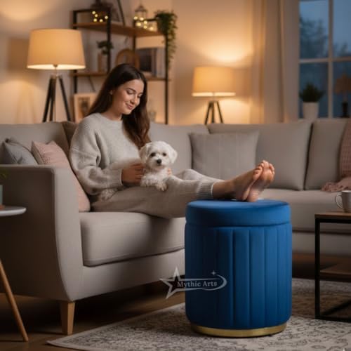 Image of Round Strip Stool with Cushion Foot Rest Office Stool Pouf Ottoman Padded Seat in Living Room - Blue