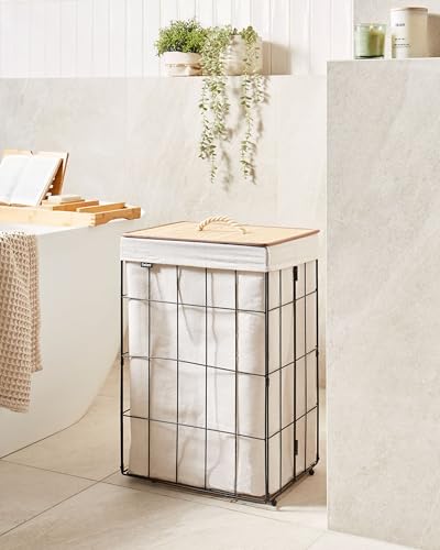 Cesta de metal moderna para ropa sucia con tapa extraíble de bambú negro y madera clara Mirissa - imagen 2