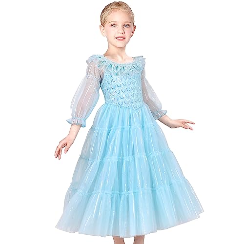 Sunny Fashion Girls Dress Blue Mermaid Princess Party Tulle Mesh Sheer Sleeves2