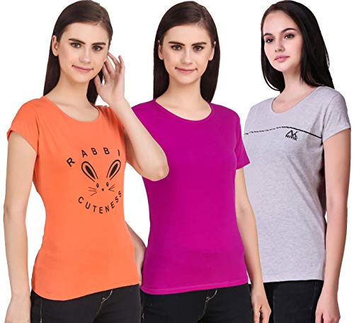 Image of MODISH women's round neck cap sleeve printed cotton t-shirts combo of 3 t-shirts