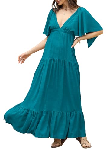 Image of Kikibell Women Summer Dresses Sexy V-Neck Maxi Dress Tiered Silhouette with Flutter Sleeve Backless Elastic Waist Flowy Dress