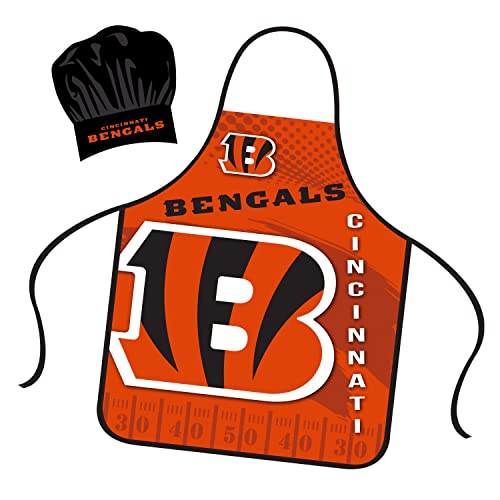 Mojo Licensing Cincinnati Bengals Apron Chef Hat Set Full Color Universal Size Tie Back Grilling Tailgate BBQ Cooking Host