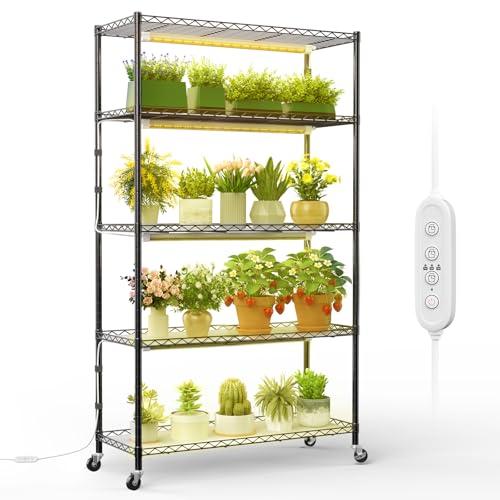 FREELICHT DIY Plant Shelf with Grow Light 5-Tier 2FT 5000K 120W(4x30W) Full Spectrum Metal Plant Stand with Adjustable Rack and Wheel LED Grow Lights with Timer for Seed Starting 35.4x13.8x61.5IN