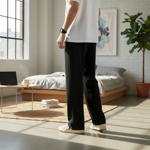 Image of Men's Baggy Trousers for Men Loose Fit Korean Style Wide Leg Casual Pants Elastic Waist Comfortable Streetwear Black Gym Wear Lounge Travel Bottom Wear