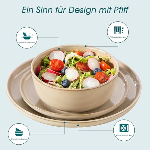 Geschirrset 6 Personen, vancasso PLAYA 18tlg Tafelservice 6 Personen Modern, Steingut Geschirrset, Beinhaltet Schüssel, Dessertteller und Speiseteller, Spülmaschinenfest, Braun