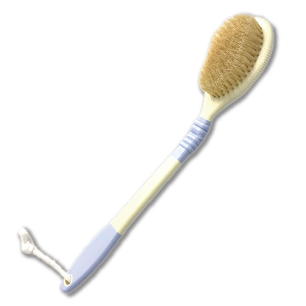 Back Scrubber for Shower [Made in Japan] Flexible Head Wet or Dry Brushing Body Brush, Natural Boar Bristle, Long Handle Exfoliating