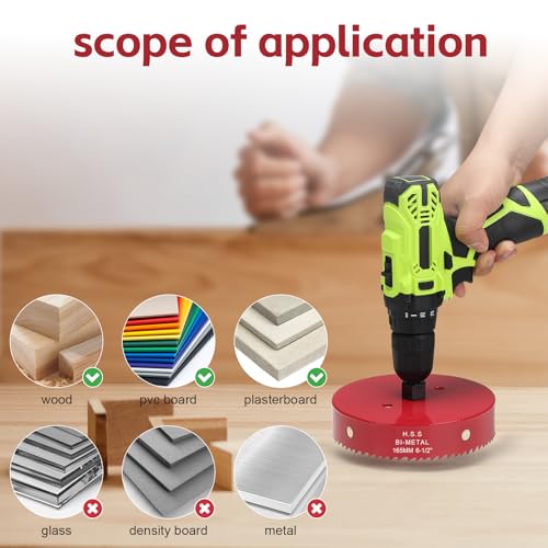 Image of 6-1 /2 Inch Hole Saw for Wood, 165mm HSS BI-Metal Hole Saw for Recessed Lighting, 35mm Cutting Depth Hole Cutter with Hex Shank Drill Bit Adapter for Cornhole Boards Plastic Drywall Fiberboard, Red