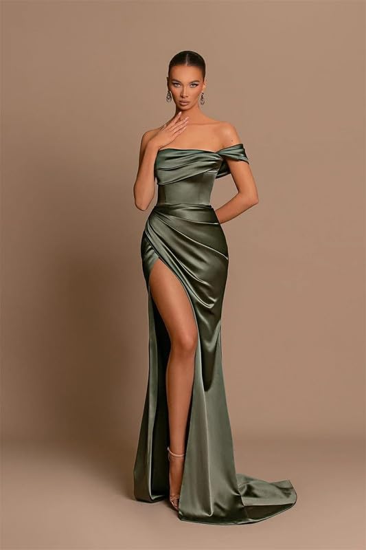 Off The Shoulder Satin Prom Dresses Long Sexy Mermaid Bridesmaid Dresses Women's Formal Evening Gowns with Slit SD164