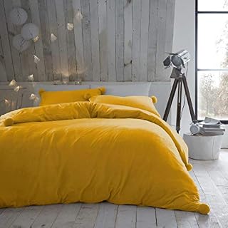 GC GAVENO CAVAILIA Teddy Fleece Duvet Covers Double Bed, Pom Pom Bedding Set, Fluffy Quilt Comforter Cover, Ochre