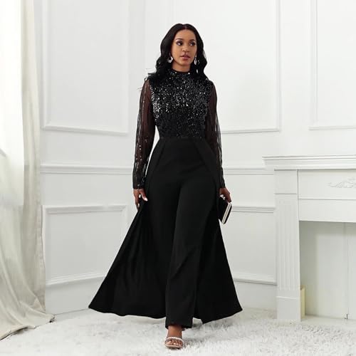 VERWIN Patchwork Overlay Embellished Plain Women's Jumpsuit High-Waist Woman Romper (X-Large, Black Sequin) - Thumbnail 4