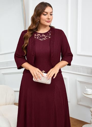 Image of ZOMVA Plus Size Mother of The Bride Groom Dresses for Curvy Women 2 Piece Wedding Guest Dress with Jacket Tea Length