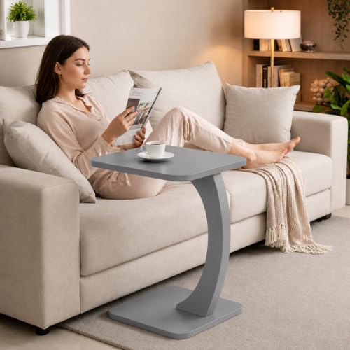 Image of Modern C-Shaped Side Table for Sofa & Bed - Multi-Purpose Laptop Table, Snack Holder, Book & Plant Stand - Compact & Sturdy Bedside Table (Brown) (Grey)