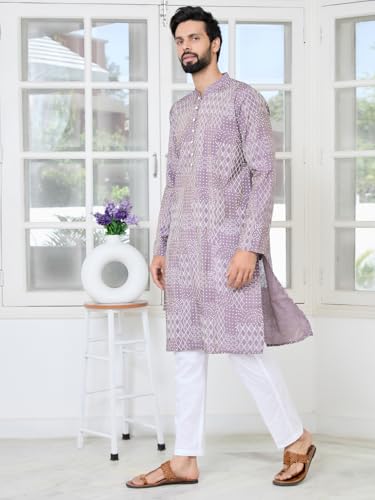 Image of See Designs Men's Full Sleeve Mandarin Collar Floral Embroidered Mandarin Collar Thread Work Straight Long Kurta - Festive Collection
