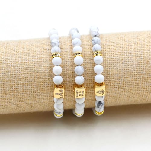 Image of Inlaid Zircon 12 Constellation Adjustable Stretch Bracelet - 6mm Frosted White Turquoise Beaded Bracelets for Women Men SJYA4647