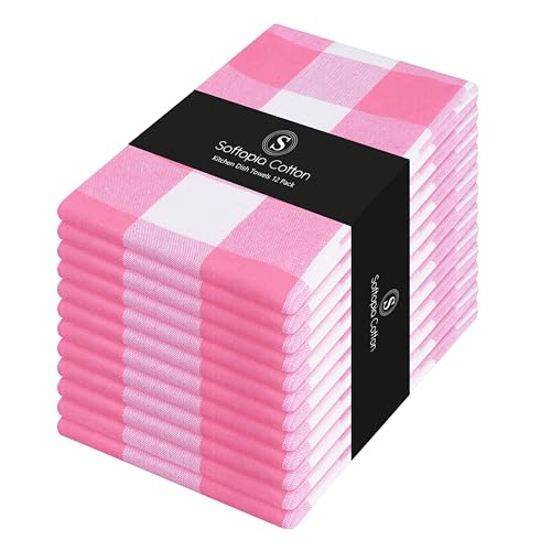 Image of Buffalo Check 4 Pack Kitchen Towels, 16 inchx26 inch, Plaid Dish Towels, 100% Cotton, Absorbent, Washable, Everyday Kitchen Essentials, Soft Cloths for Cleaning, Drying Hands, Pink White