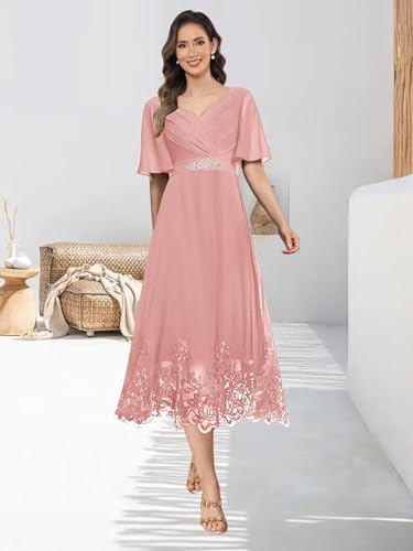 Tea Length Mother of The Bride Dresses for Women Chiffon Lace Applique Formal Evening Dress for Wedding2