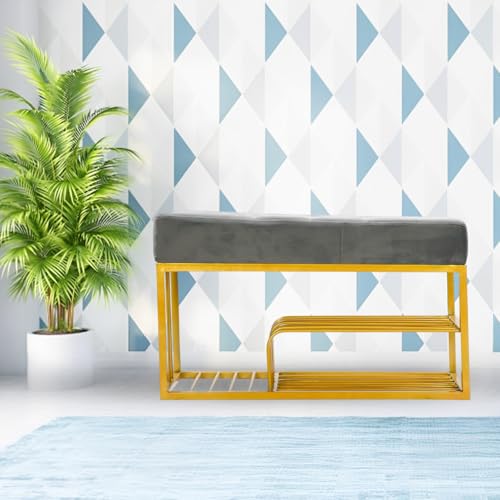 Image of Luxury Velvet Storage Bench with Shoe Rack | Upholstered Entryway Ottoman Seat | Soft Cushioned Sitting | Gold Metal Frame Furniture | End of Bed Seating for Bedroom, Living Room & Hallway|Fossil Grey