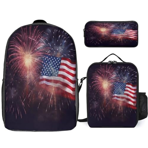 Printed Backpack With Lunch Pack Storage Box Case Firework American Flag 4Th of July 3pcs Lightweight Travel Backpack