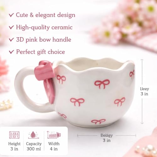 Image of Cute 3D Bow Ceramic Mug Handmade & Handpainted | Pink Ribbon Coffee Cup | Microwave Safe Tea Mug | 300 ml | Aesthetic Gift for Girls, Women, Birthday & Valentine