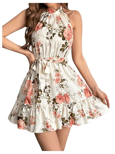 SOLY HUX Women's Elegant Floral Print Halter Dress Sleeveless Ruffle A Line Flowy Mini Dresses with Belt