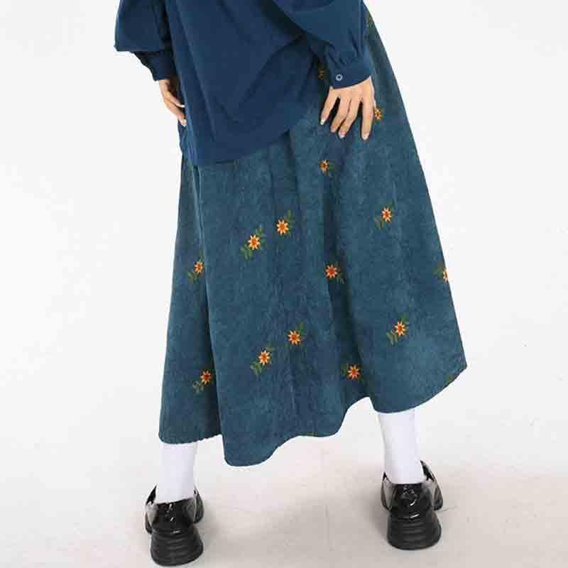 Women's Retro Corduroy Skirt Spring and Autumn Embroidered Flower Long Skirt Forest Series Over Knee Skirt3