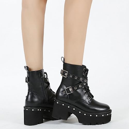 Image of Parisuit Womens Goth Patent Ankle Boots Platform Chunky Combat Boots | Lace Up, Gothic Boots, High Heel, Punk Short Booties, Buckle Boots, Chain Boots