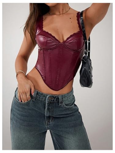 Floerns Women's Leather Sleeveless Crop Cami Top Asymmetrical Hem Retro Corset Top3