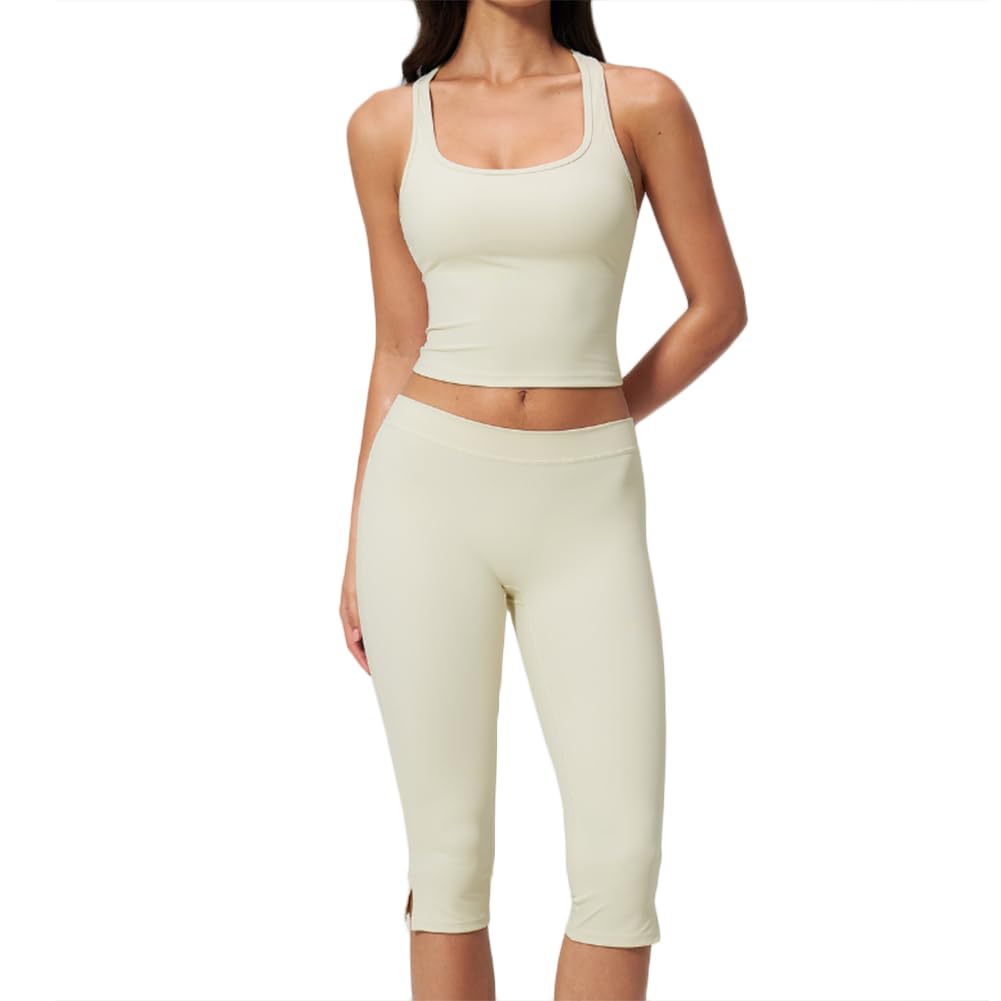 Xyffybhsd Women's Yellow 2 Piece Yoga Set Square Neck Racerback Top & Low Rise Capri Leggings(Size:m,Color:yellow)