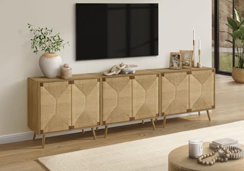 Monarch Specialties I 2729 Accent Chest, 36" Wide, 2 Door Cabinet, Storage, Decorative, Light Walnut Laminate, Seagrass-Look, Mid Century by Monarch Specialties - Used condition - Image 4
