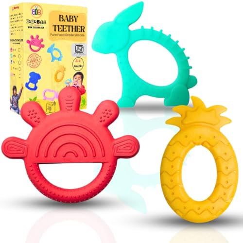 Image of Cute Shape Soft Silicone Teether for Baby Gums, Teething Toys for Babies, BPA Free, Pain-Relief Non-Toxic, 100% Food Grade Soothing, Easy to Grasp Chewable - Hand+Pineapple+Rabbit (Pack of 3)