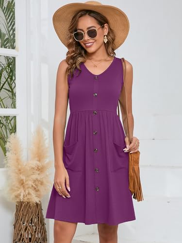 Image of Heymoments Women's Summer Dresses Sleeveless Casual Fashion Loose Swing Button Down Beach Dress with Pockets