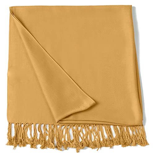 CJ Apparel Light Gold Solid Color Tassels Design Nepalese Shawl Scarf Wrap Stole Throw Head Wrap Pashmina Hand Made in Nepal New3