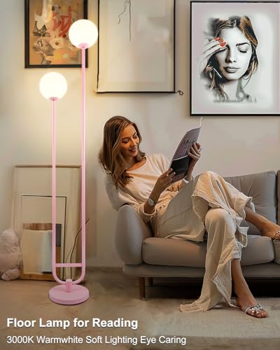 Image of Lightdot 63IN Pink Floor Lamp Modern Mid Century Globe Standing Lamps with 3000K LED Bulbs Included Candle Holder Style Vintage Tall Lamp for Living Room /Wedding /Sofa Beside /Corner Decor
