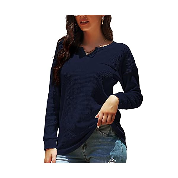 KONCLE-Womens-Long-Sleeve-Casual-V-Neck-Waffle-Knit-Shirts-Tunic-Tops-for-Women Koncle Womens Long Sleeve Tee Shirt Casual Waffle Knit Tops for Women V Neck Fall Clothes for Women Navy L
