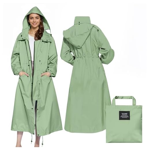Jaqueta de chuva feminina longa, impermeável, embalável, com capuz, corta-vento, leve, cintura ajustável para atividades ao ar livre, Verde, G