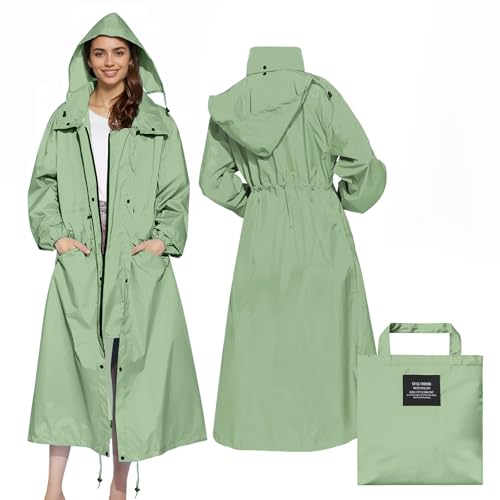 LAMA Womens Long Raincoats Rain Jacket Waterproof Packable Outdoor Hooded Windbreaker Lightweight Adjustable Waist for Outdoors(Green, XL)