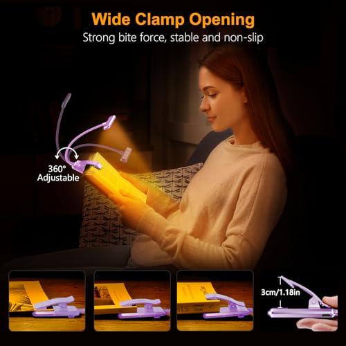 Gritin 19 LED Rechargeable Book Light for Reading in Bed with Memory Function- Eye Caring 3 Color Temperatures,Stepless Dimming Brightness,80 Hrs Runtime Clip on Light for Book Lovers-Purple