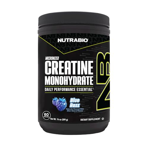 Image of NutraBio Pure Micronized Creatine Monohydrate Powder Supplement, Blue Razz (300 g) - Supports Bulk Muscle Energy, Recovery, and Strength - HPLC Tested Creatine Powder Supplement for Men and Women