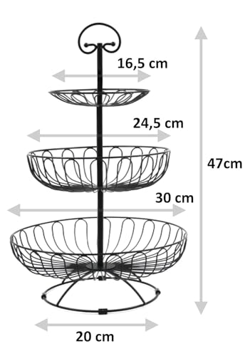 Foto von Auroni filigrane Obst Etagere 3 stöckig rund D = 30 cm 47 cm hoch Obstkorb Obstschale Metall - schwarz-matt - dekorativ für mehr Platz auf der Arbeitsplatte Küche - viel Platz-