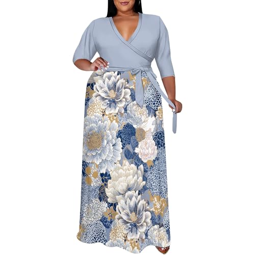 Image of SUZONANA Plus Size Maxi Dresses for Curcy Women Casual Loose 3 /4 Sleeve Long Dress with Belt