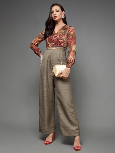 Image of Miss Chase Women's V-Neck Bishop Sleeve Bohemian Patterned Straight Leg Wrap Regular Jumpsuit with Pockets