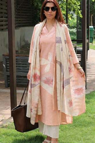 Image of ANNI Designer Women Cotton Blend Straight Fit Printed Kurta Pant Dupatta Set | V Neck Three Quarter Sleeve Ensemble | Soft Breathable Fabric | Comfortable Elegant Styling for Office Casual Wear
