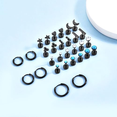 Surgical Stainless Steel Flat Back Stud Earrings for Women Men Hypoallergenic Hoop Earrings for Cartilage Helix Lobes Multiple Piercing jewerly Screw Back Earring Set Silver/Gold/Black3