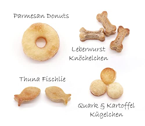Light Weight“ Quark Käse Donuts,Leberwurst Mini Knochen,Thunfisch Mini Fische,Quark & Kartoffel Kügelchen mit Parmesan (Quark Käse Donuts)
