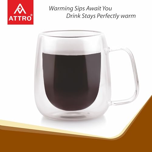 Image of ATTRO Glassox Duo Coffee Mug Double Wall - 250ml, Heat Resistant Borosilicate Glass, Ideal for Hot & Cold Beverages, Tea, Latte, Espresso