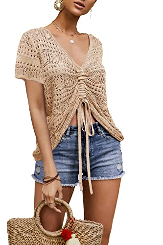 Image of Saodimallsu Womens Boho Off Shoulder Sheer Crop Tops Bell Sleeve Flowy Oversized Crochet Ruched Pullover Sweaters
