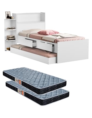 Cama Solteiro Isa Com Cama Auxiliar + 2 Colchões (Branco)